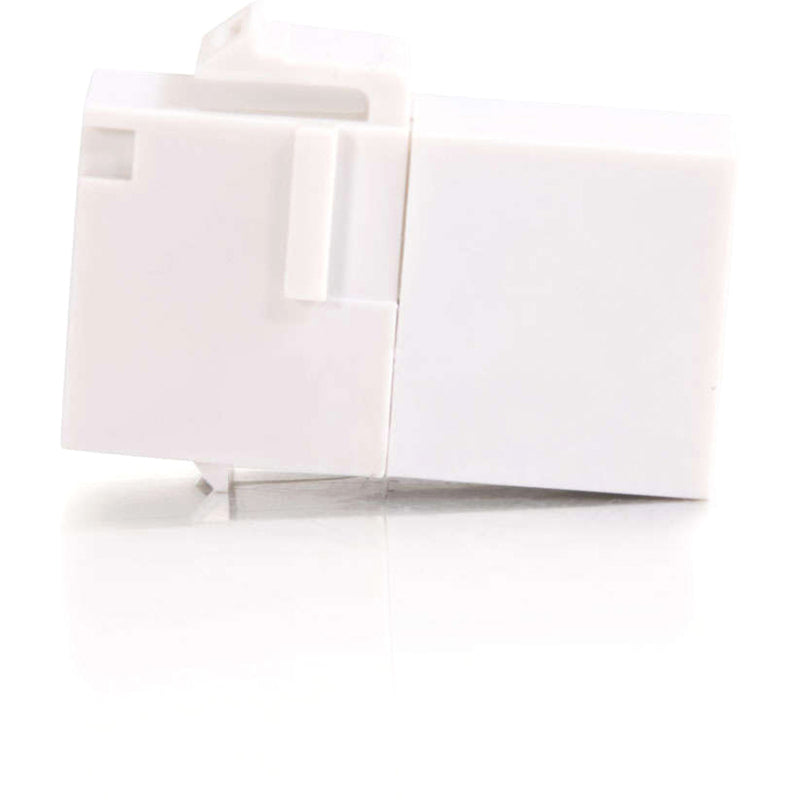 Side view of white RJ45 keystone coupler showing compact profile