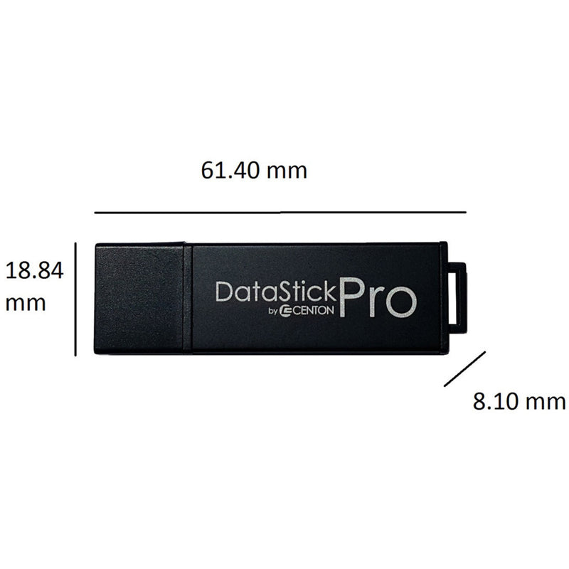 Technical diagram showing exact dimensions of Centon DataStick Pro USB drive