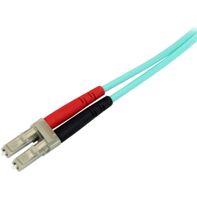 Detailed view of StarTech.com fiber patch cable LC connector end showing strain relief system and connector construction