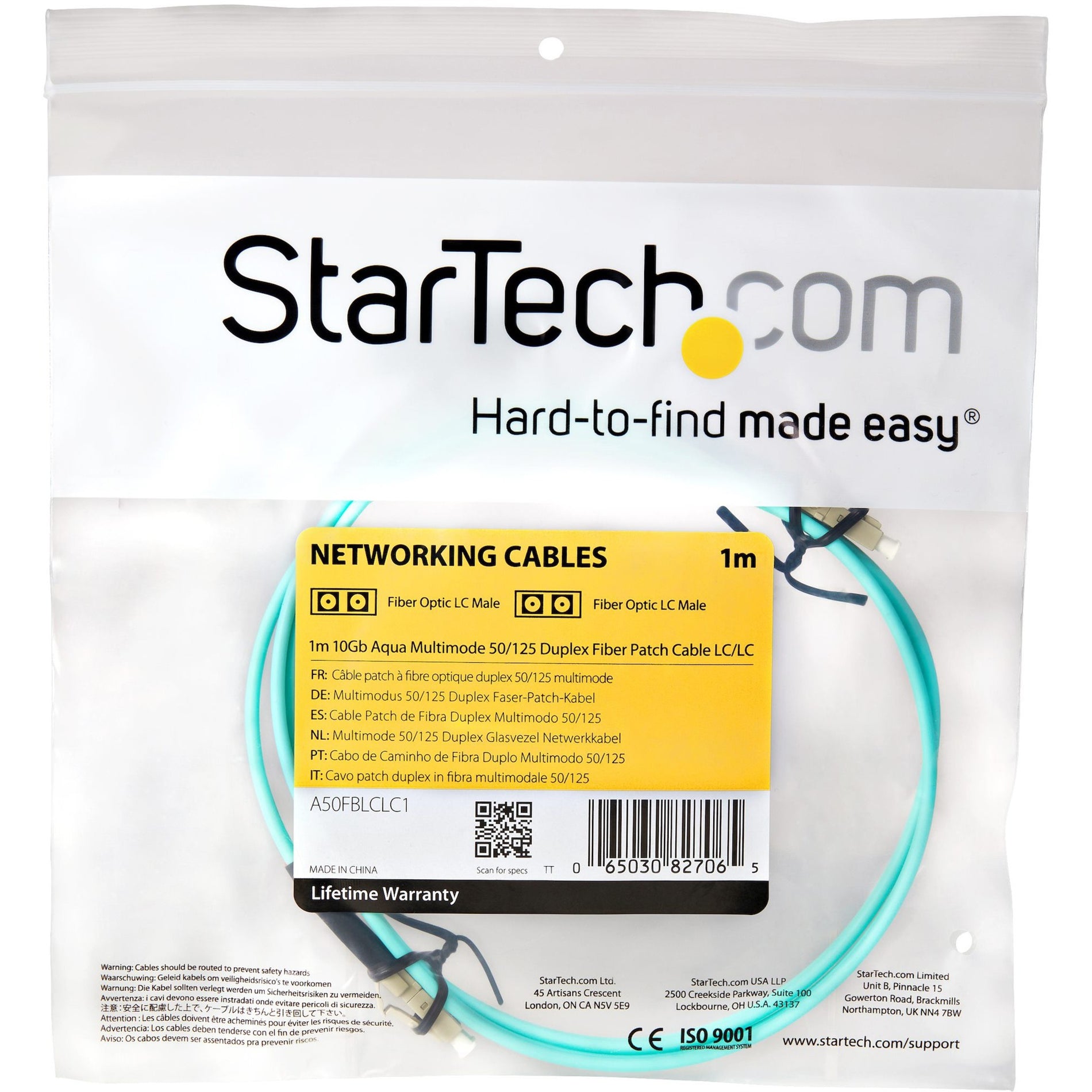 StarTech.com Câble de réseau fibre optique duplex Patch A50FBLCLC1 Aqua LSZH 10GB 1M