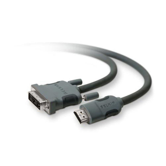 Belkin HDMI to DVI cable showing both connectors with black flexible cable design