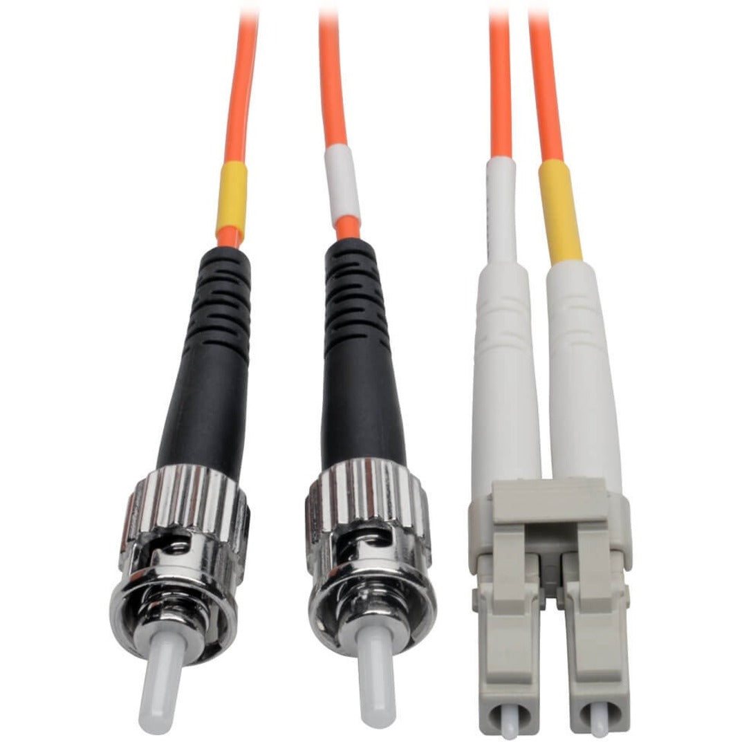 Close-up view of LC and ST connectors on Tripp Lite fiber optic patch cable showing connector design and strain relief-alternate-image1