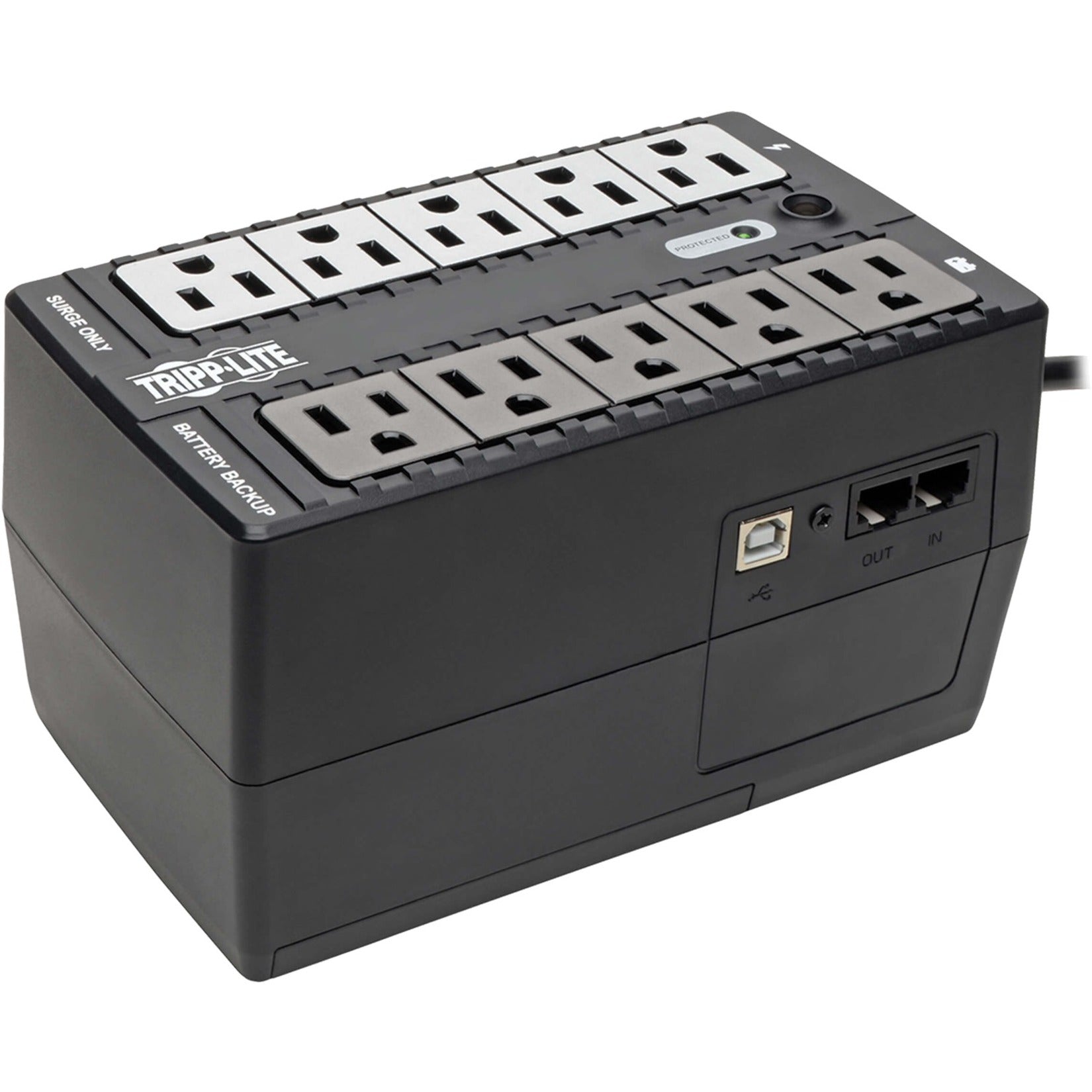 Tripp Lite INTERNET600U UPS system showing 10 outlet configuration with USB and network ports-alternate-image1