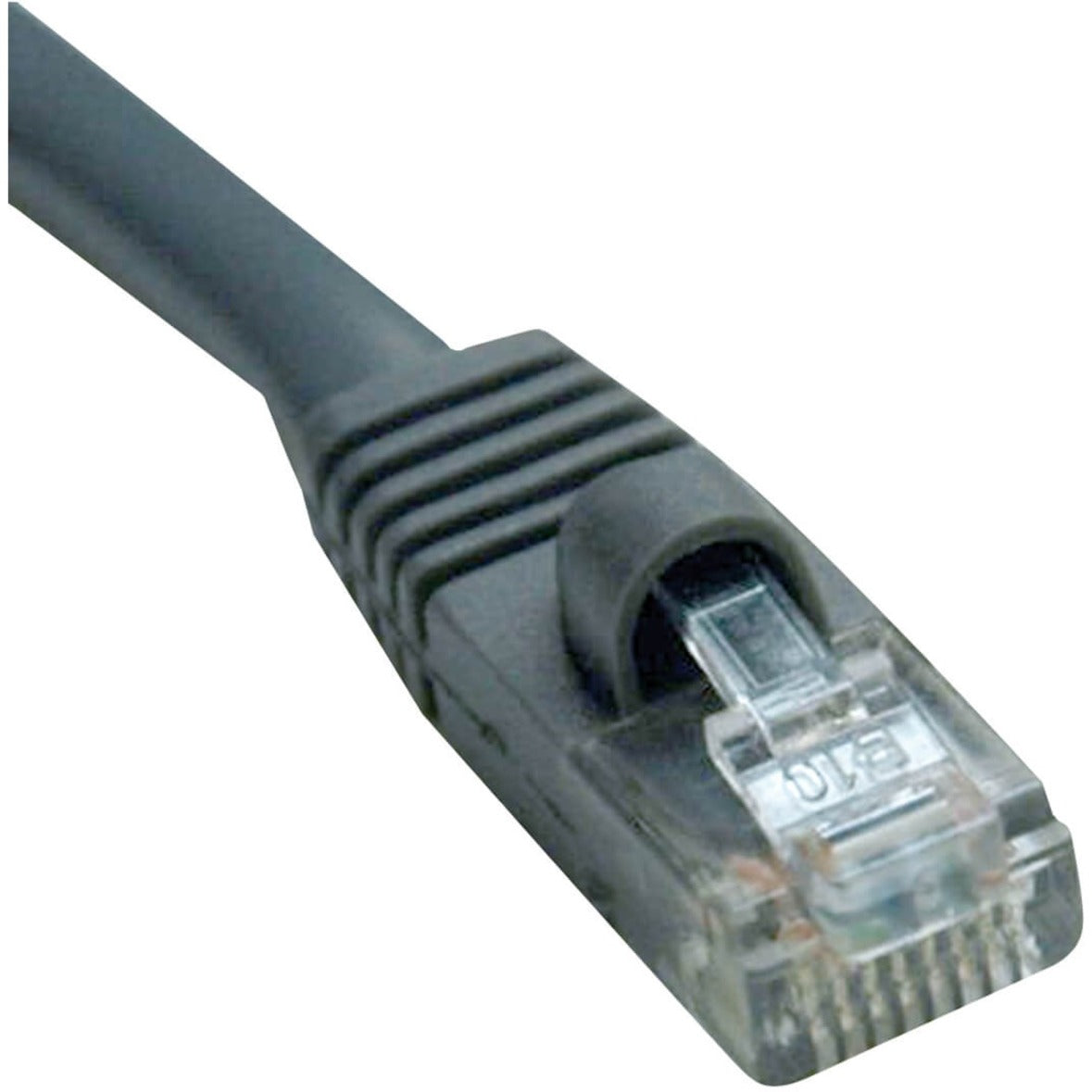 Close-up view of gray Cat5e cable RJ45 connector with snagless boot and gold-plated contacts-alternate-image1