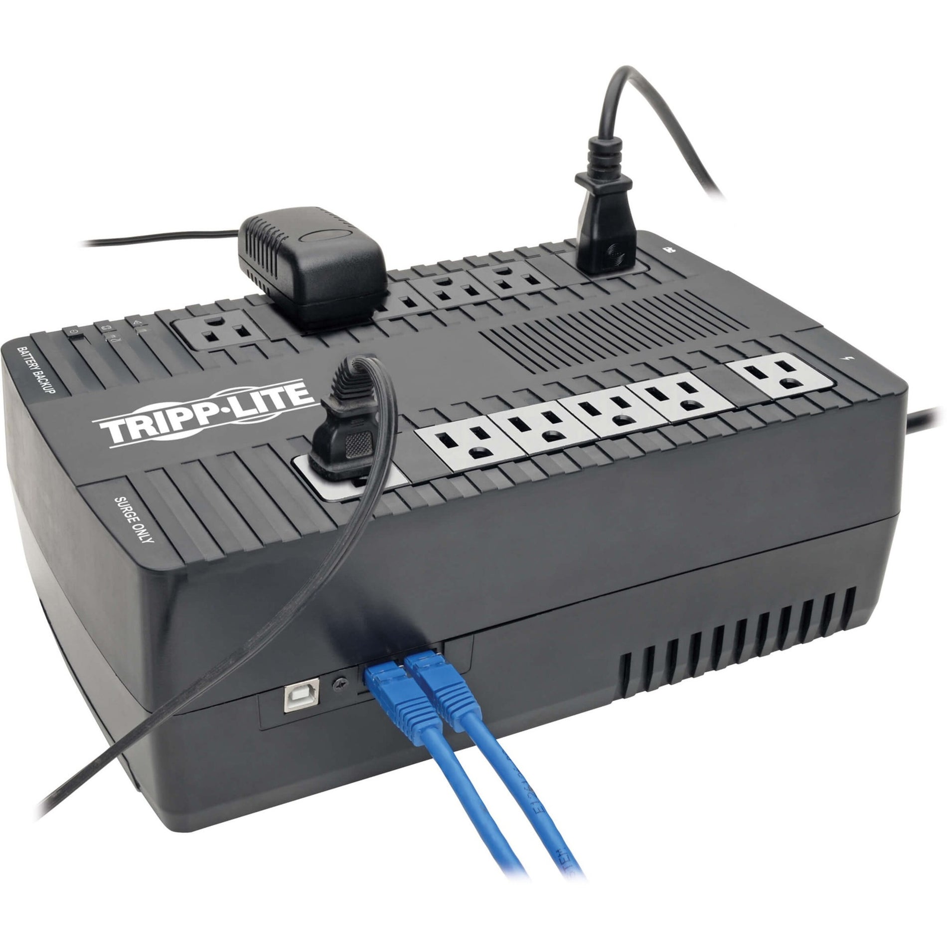 Perspective view of Tripp Lite AVR900U UPS with connected devices and cables-alternate-image6