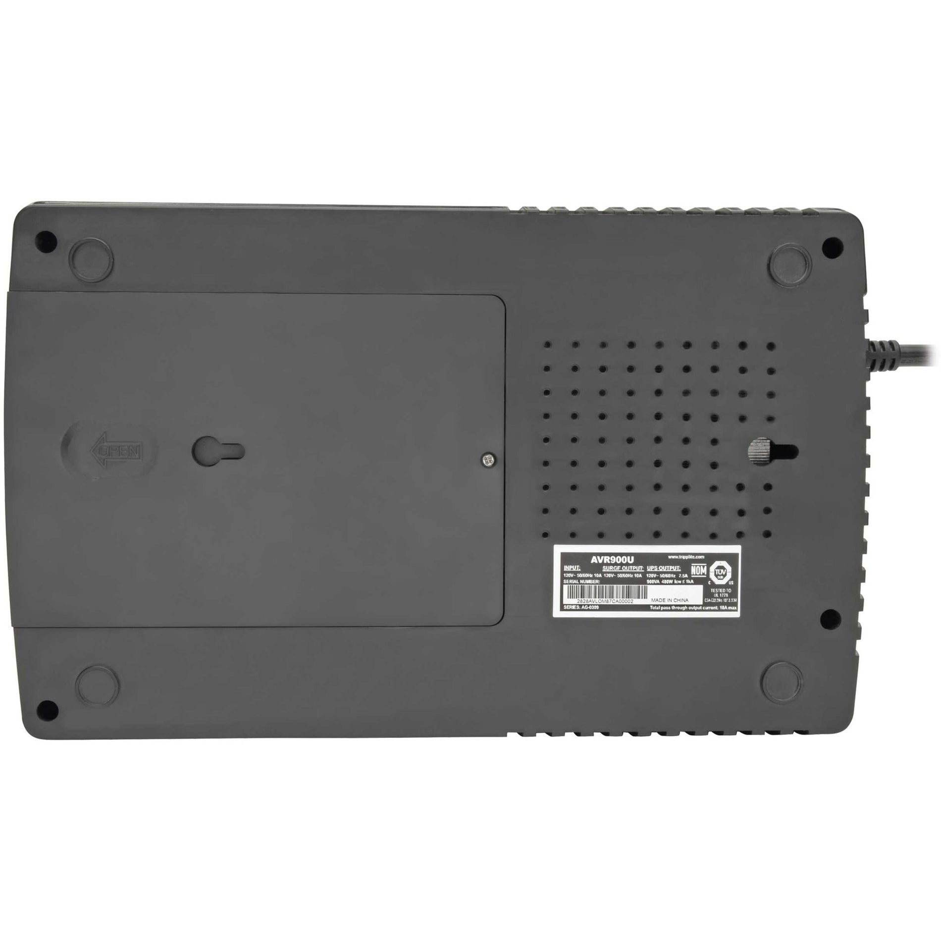 Bottom view of Tripp Lite AVR900U UPS showing battery access panel and product information-alternate-image5