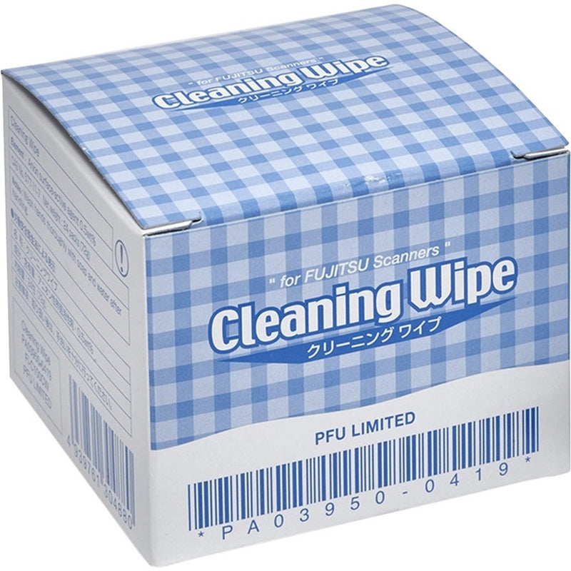 Fujitsu Scanner Cleaning Wipes box featuring blue and white checkered pattern design with product barcode