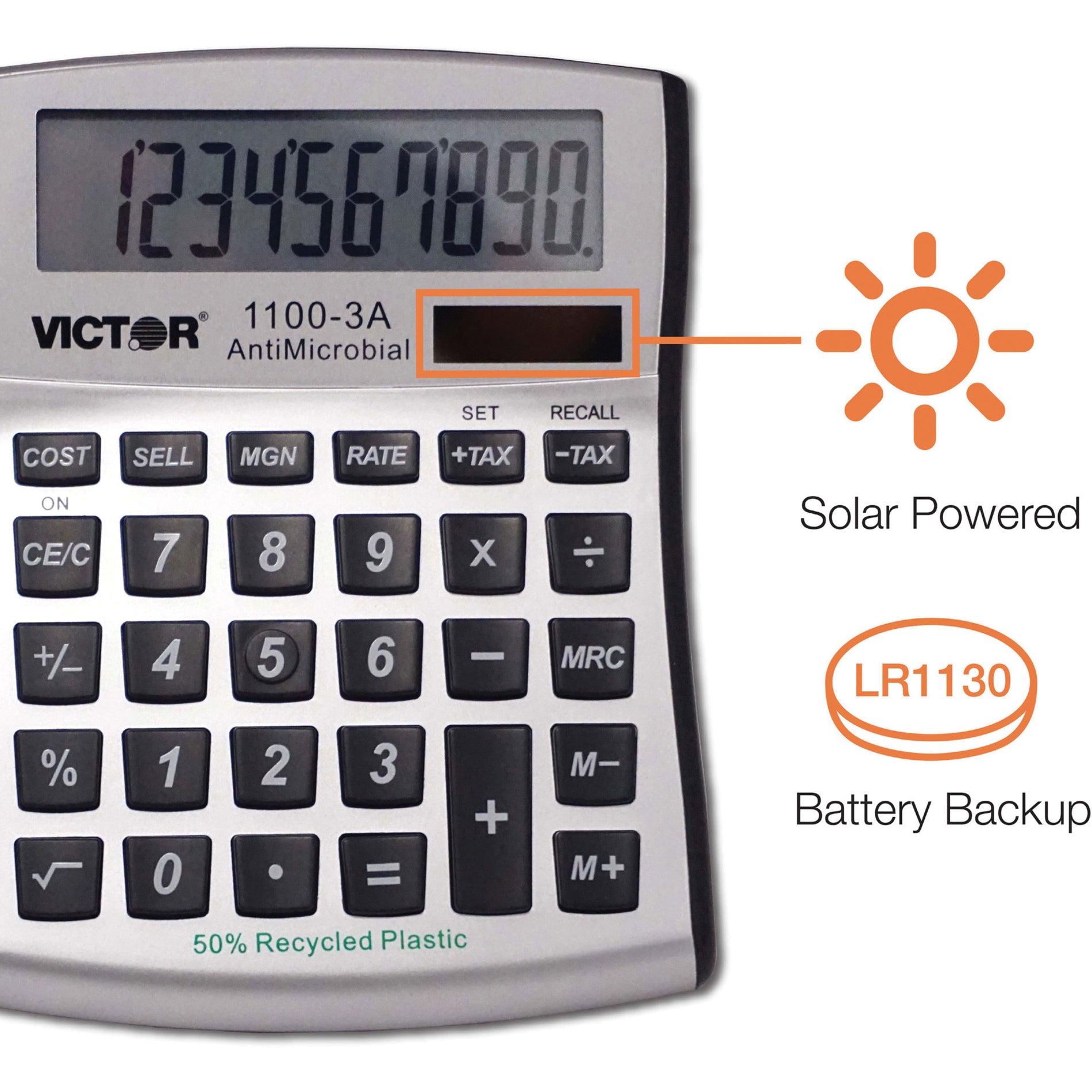 Victor 1100-3A Mini Desktop Calculator, Angled Display, Large Display, Battery Backup