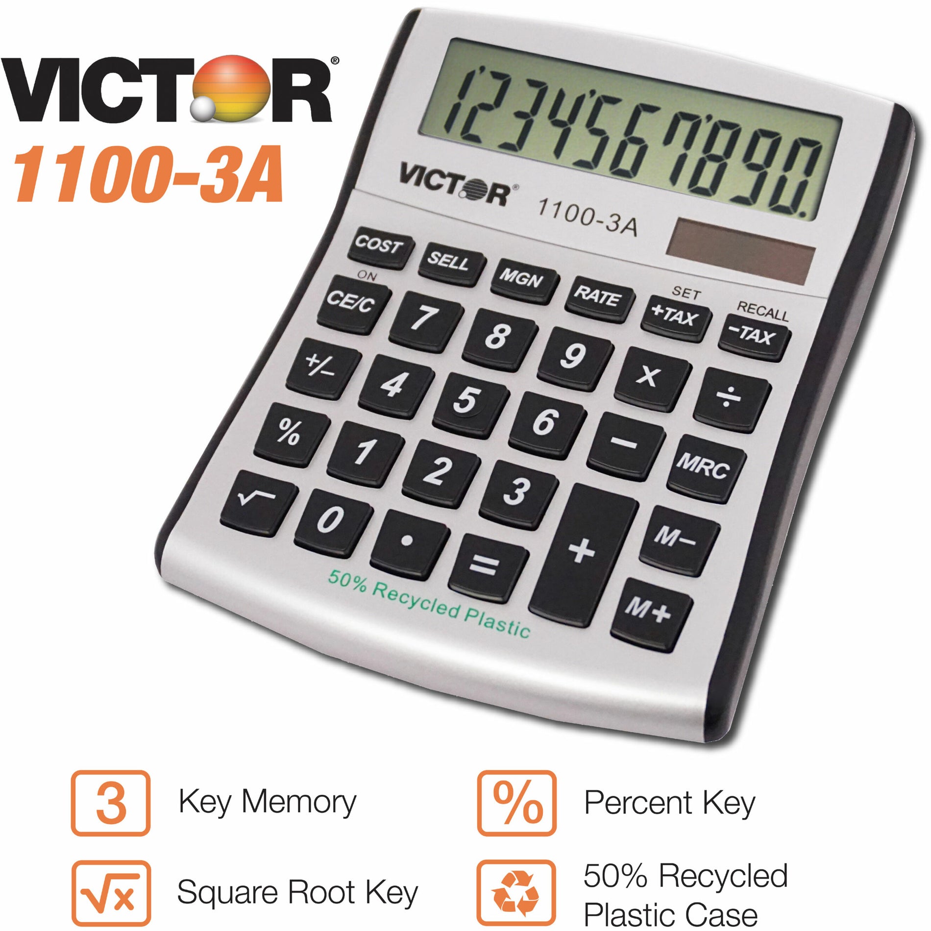 Victor 1100-3A Mini Desktop Calculator, Angled Display, Large Display, Battery Backup