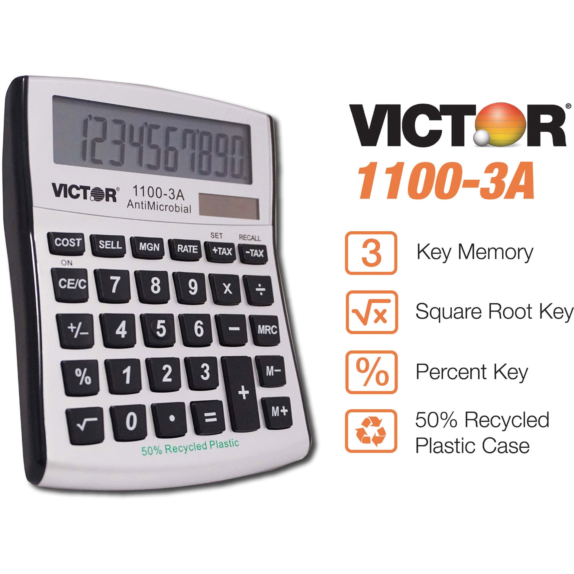 Victor 1100-3A Mini Desktop Calculator, Angled Display, Large Display, Battery Backup