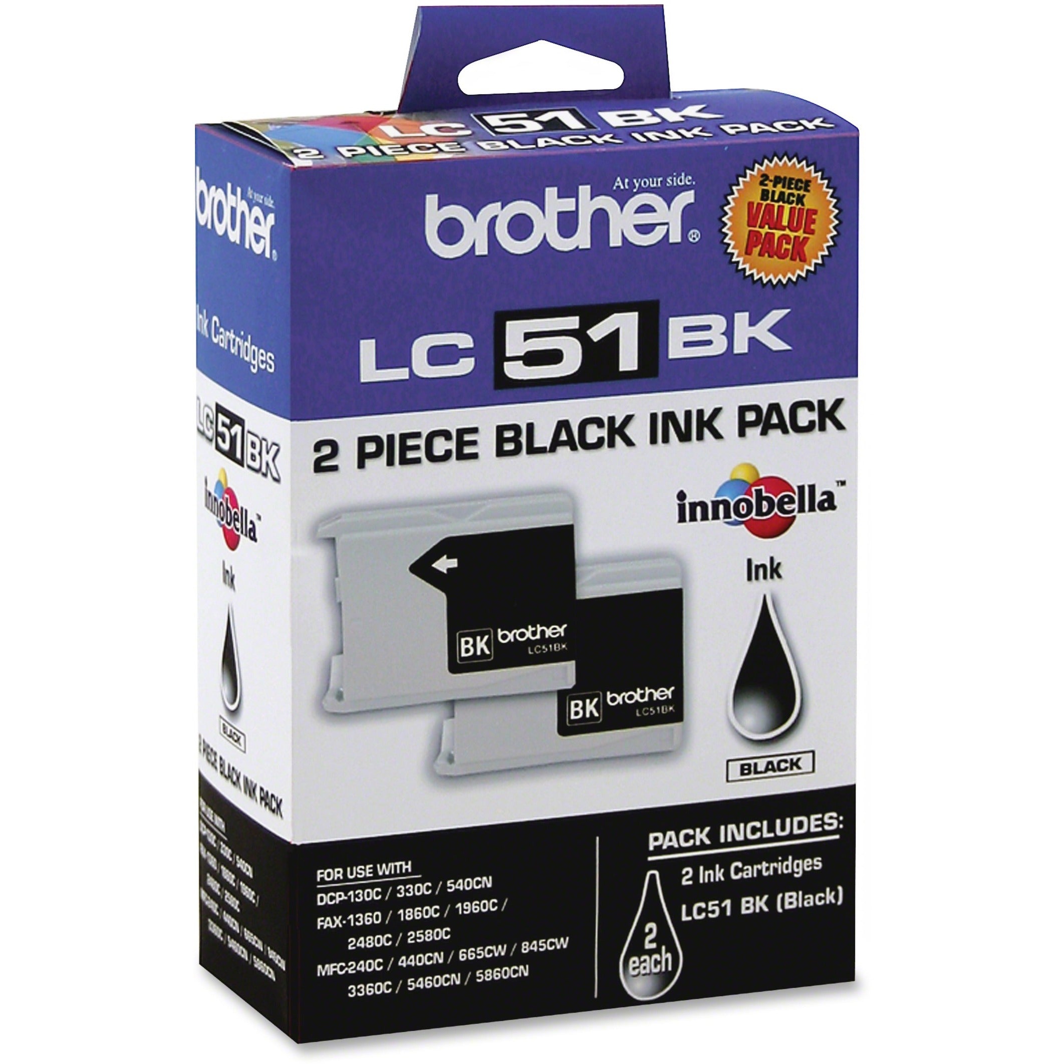 Brother LC51 Series Original Black Ink Cartridge, 500-Page Yield, Innobella Technology for Richer Colors, Compatible with DCP/MFC/IntelliFax Printers, 2 Pack - LC512PKS (1 Year Warranty)