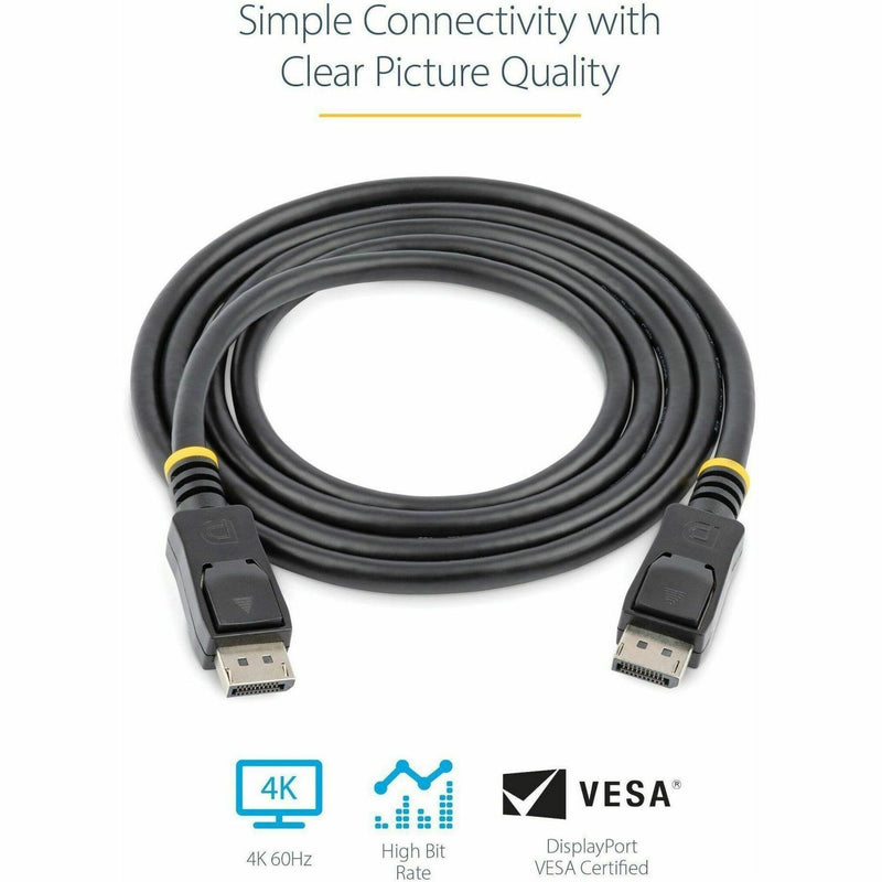 Coiled DisplayPort cable with 4K, High Bit Rate, and VESA certification icons