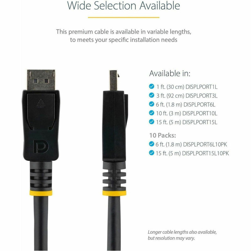 DisplayPort connector close-up with list of available cable lengths and bulk pack options