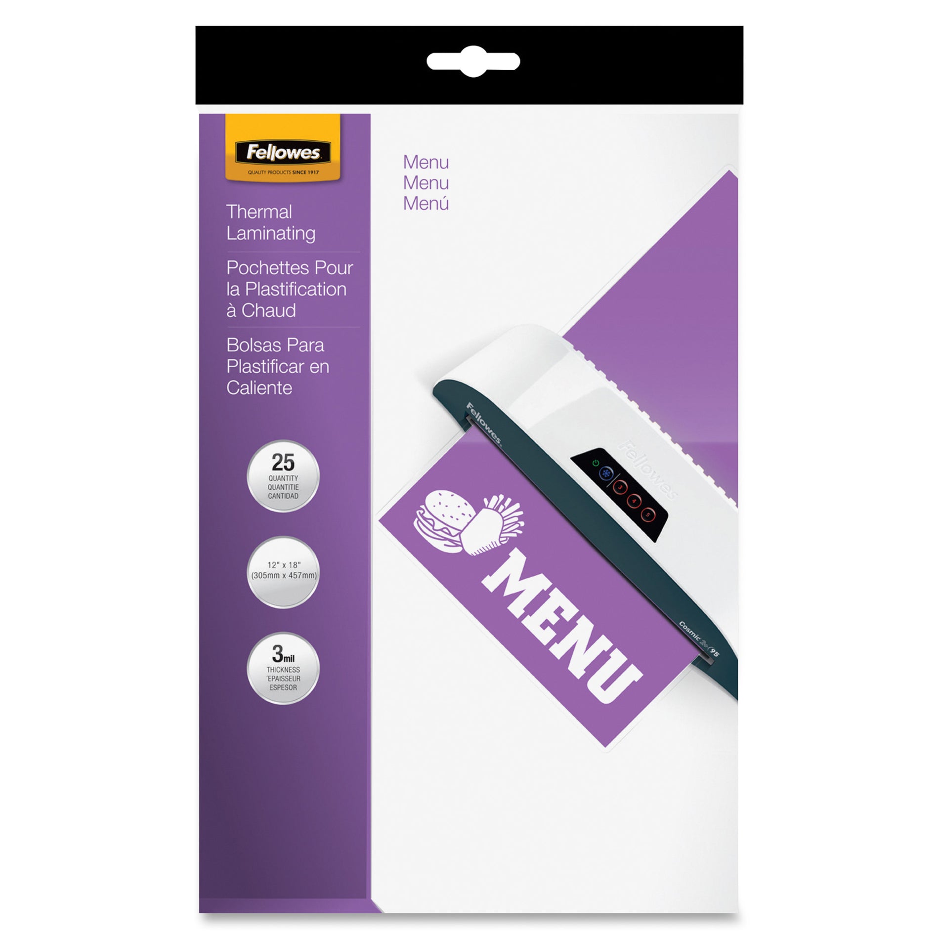 Fellowes 52011 3mil Laminating Menu Pouches, Durable, Glossy Finish, 25 Pack