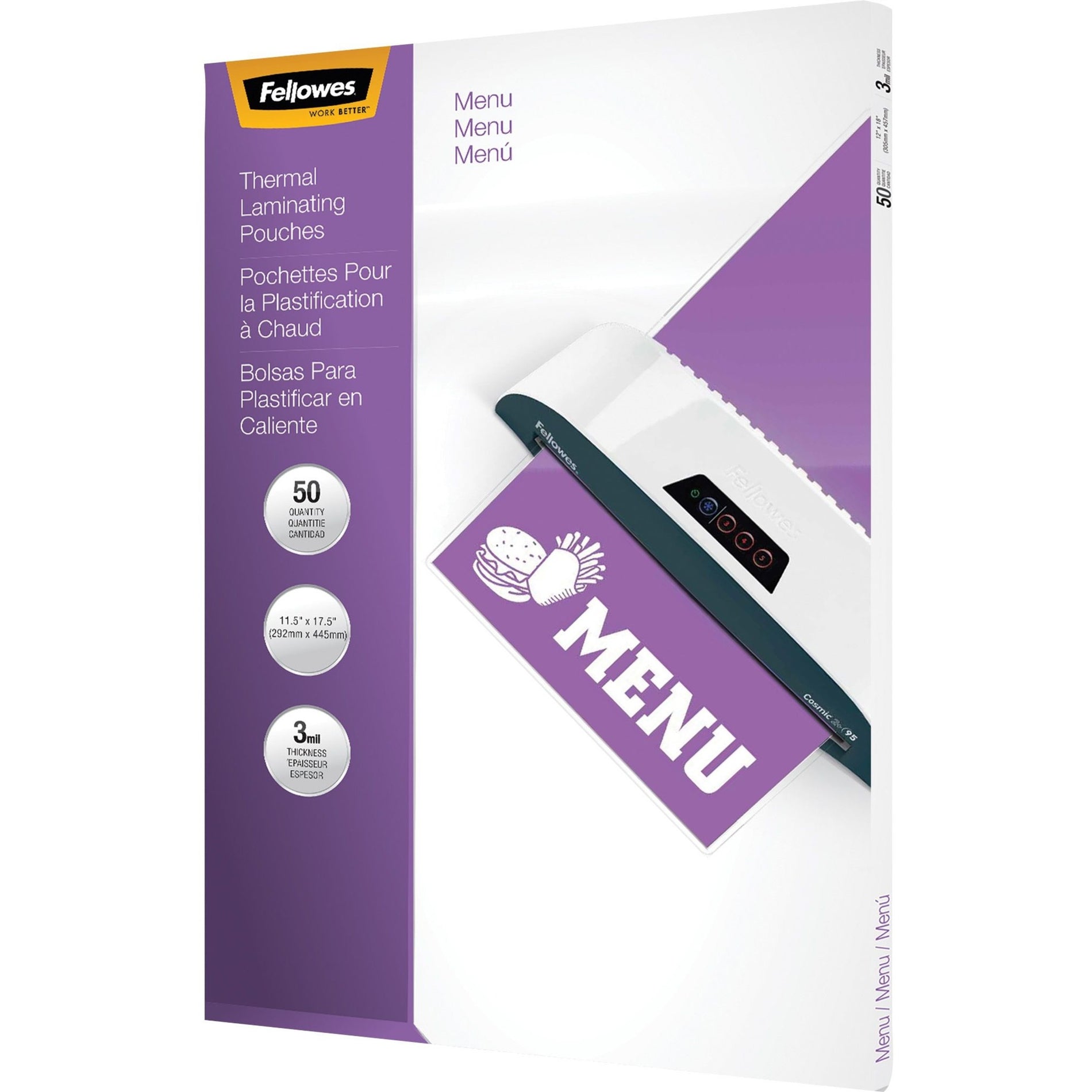 Fellowes 52011 3mil Laminating Menu Pouches, Durable, Glossy Finish, 25 Pack