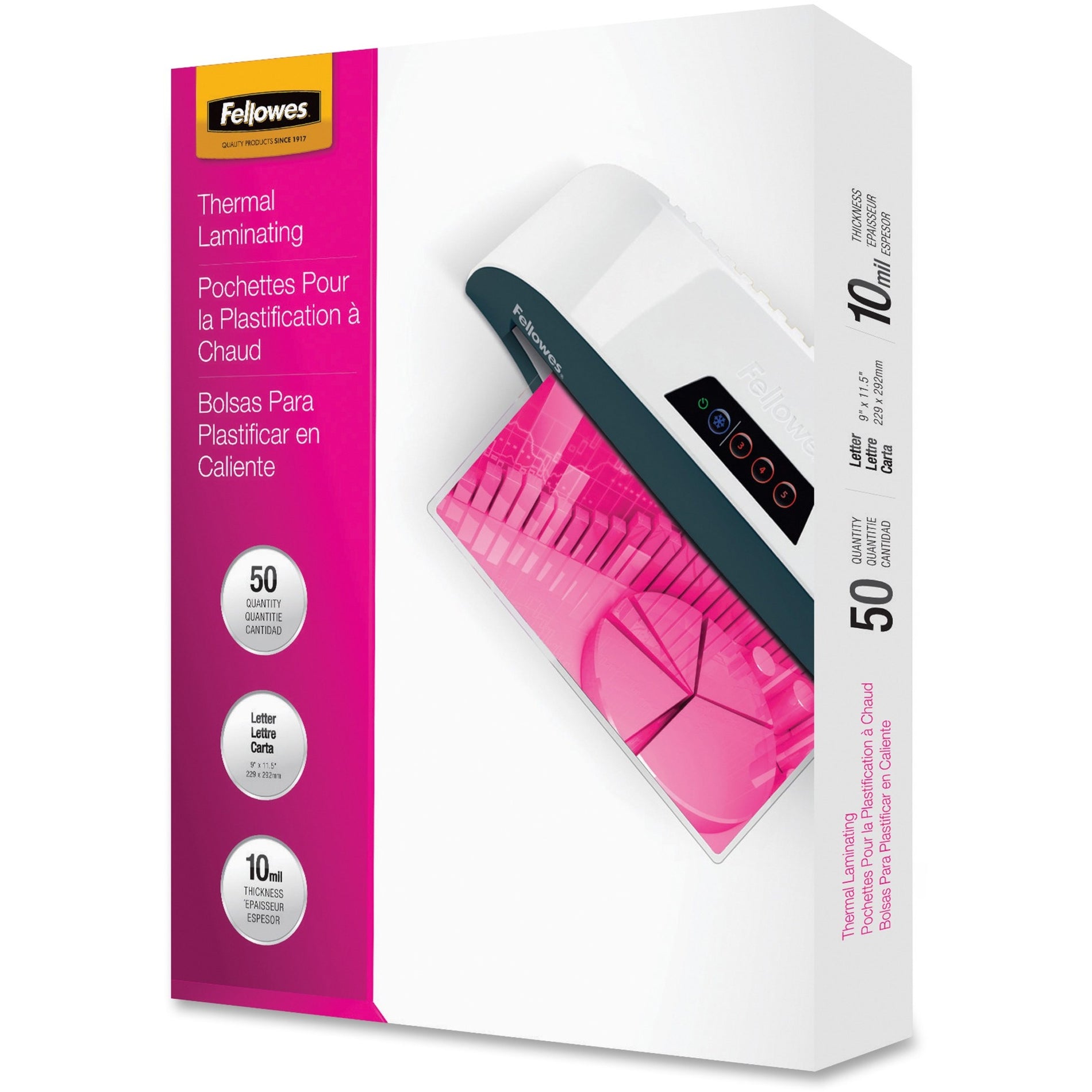 Fellowes thermal laminating pouches package showing 50-count letter-size pouches with 10 mil thickness and digital laminator-alternate-image1