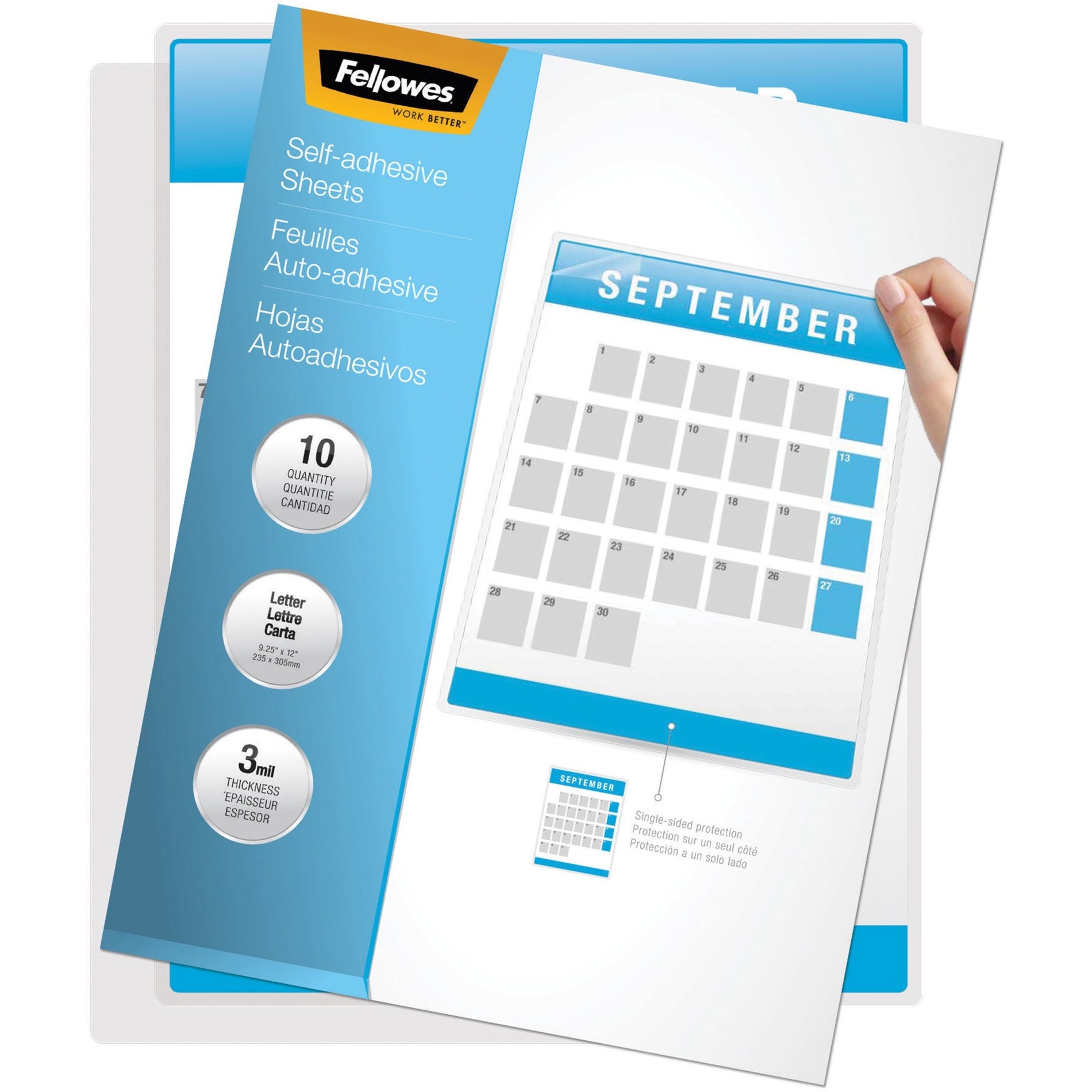 Fellowes self-adhesive laminating sheets package showing calendar protection demonstration-alternate-image1