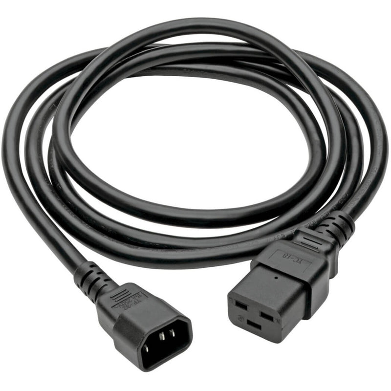 Full length view of coiled Tripp Lite P047-010 power cable showing both connector ends