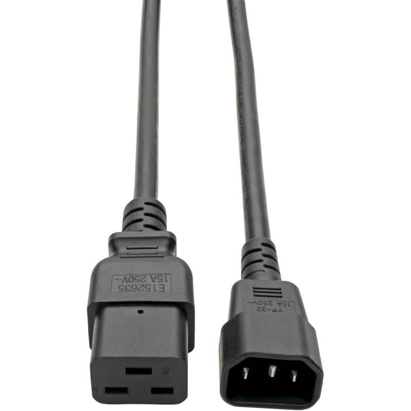 Close-up view of Tripp Lite P047-010 power cable showing C14 and C19 connector ends