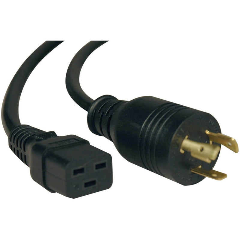 Close-up view of Tripp Lite P045-010 power cord showing C19 and L5-20P connectors with gold-plated pins