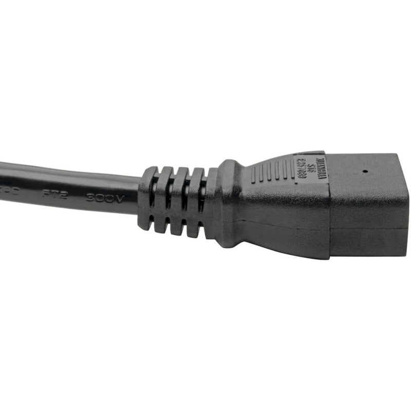 Close-up of C19 connector on Tripp Lite P040-010 power cord showing strain relief and molded construction