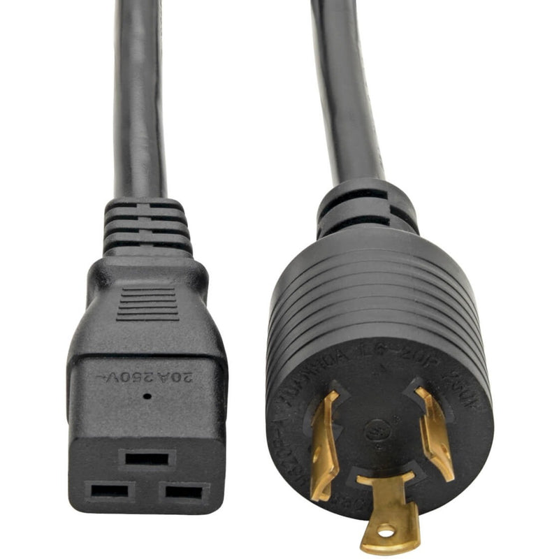 Close-up view of C19 connector and L6-20P plug on Tripp Lite P040-010 power cord showing gold contacts and molded construction