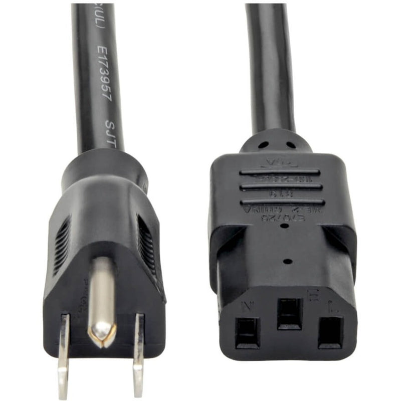 Close-up view of C13 and 5-15P connectors on Tripp Lite P007-010 power cord showing detailed connector construction