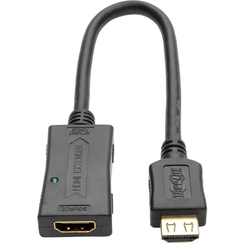 Tripp Lite HDMI active extender cable showing male connector and female port with green LED indicator