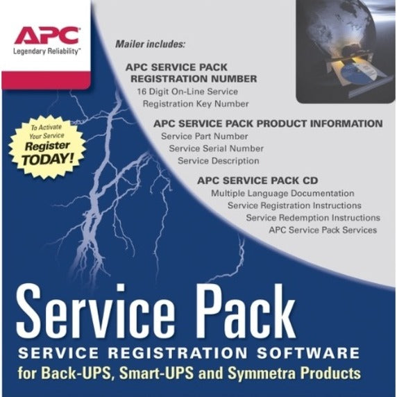 APC Service Pack registration software package showing product contents and registration instructions for UPS systems