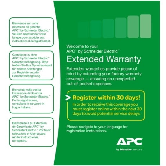 Multilingual warranty registration card with instructions in various languages and APC logo