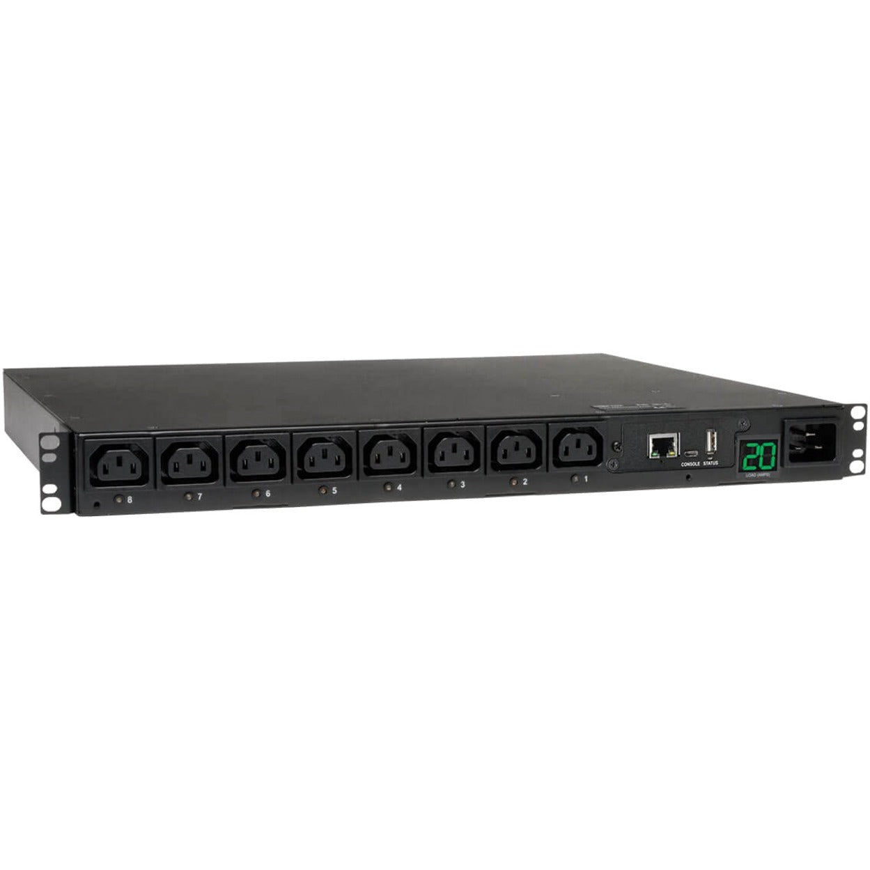 Front view of Tripp Lite PDUMH20HVNET PDU showing 8 outlets, network port, and digital display-alternate-image1