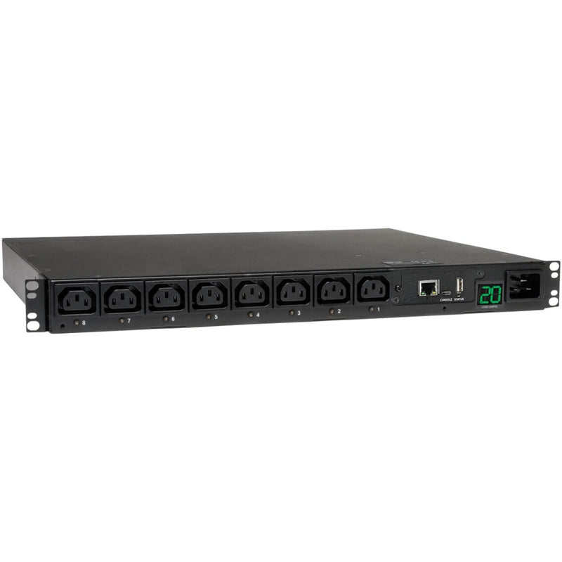 Front view of Tripp Lite PDUMH20HVNET PDU showing 8 outlets, network port, and digital display