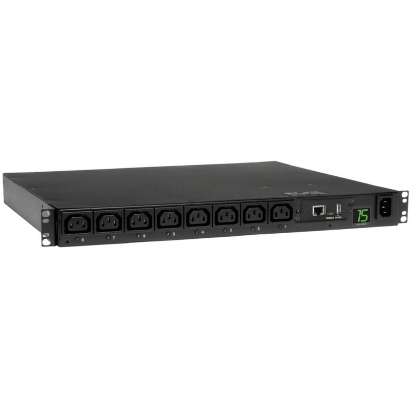 Front view of Tripp Lite PDUMH15HVNET PDU showing 8 IEC outlets, network port, and digital display