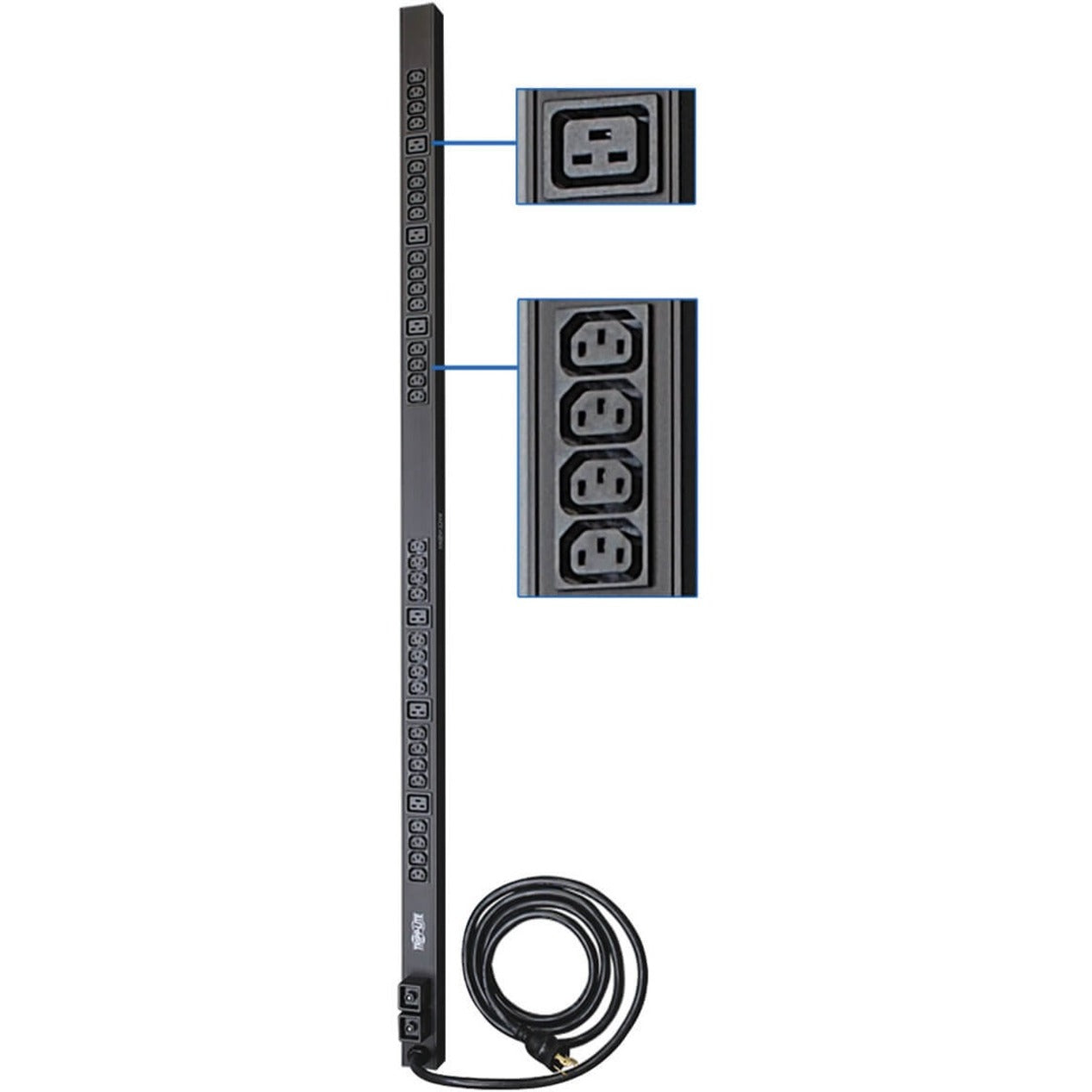 Tripp Lite PDU vertical mount with detailed view of C13 and C19 outlet configurations and power cord-alternate-image1