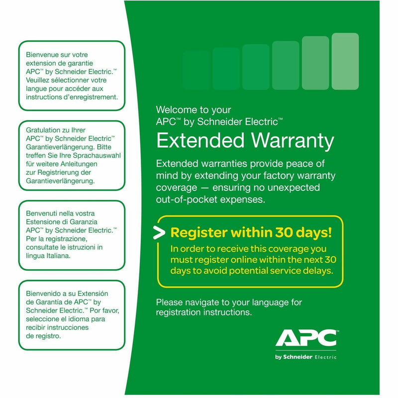 APC Extended Warranty welcome screen showing multi-language registration instructions and 30-day registration notice