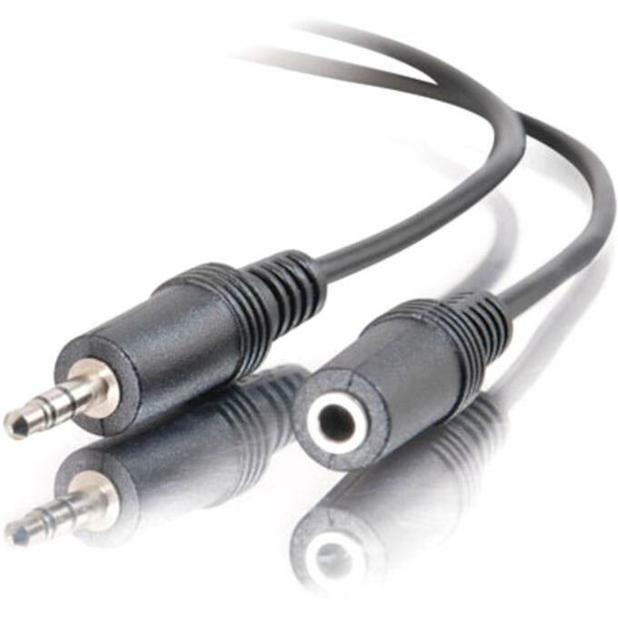 Black 3.5mm stereo audio extension cable showing male and female connectors with molded strain relief and reflective surface