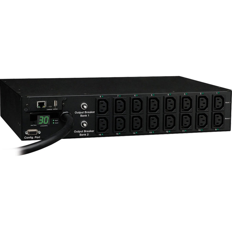 Front view of Tripp Lite PDUMH30HVNET PDU showing digital display, network ports, and 16 IEC C13 outlets arranged in two banks