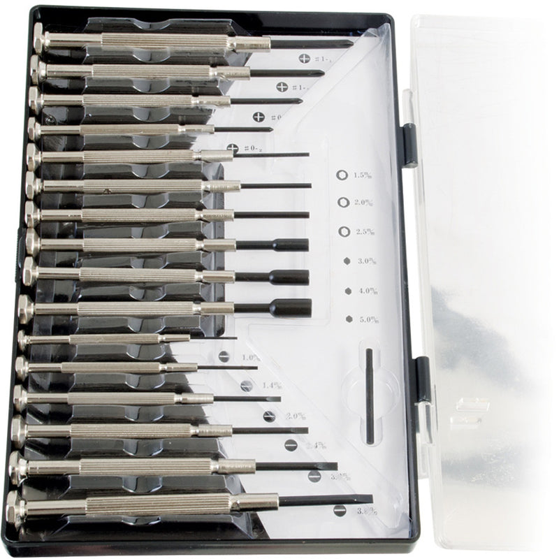 Close-up view of precision screwdriver set showing detailed size markings and tool variety