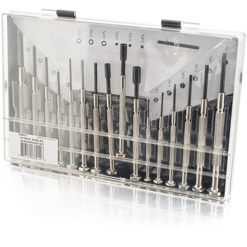 16 chrome-plated precision screwdrivers arranged in a clear plastic case with size markings