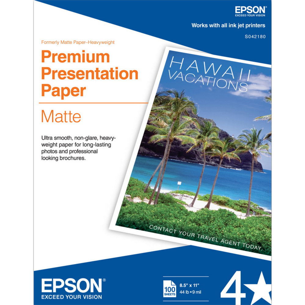 Epson S042180 Premium Presentation Paper, Matte, 8 1/2" x 11", Bright White