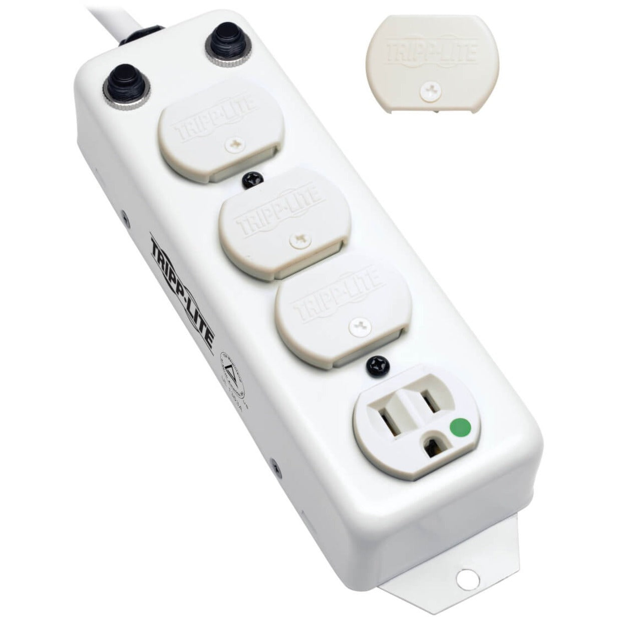 Medical-grade power strip with four covered outlets and circuit breakers in white antimicrobial housing-alternate-image1