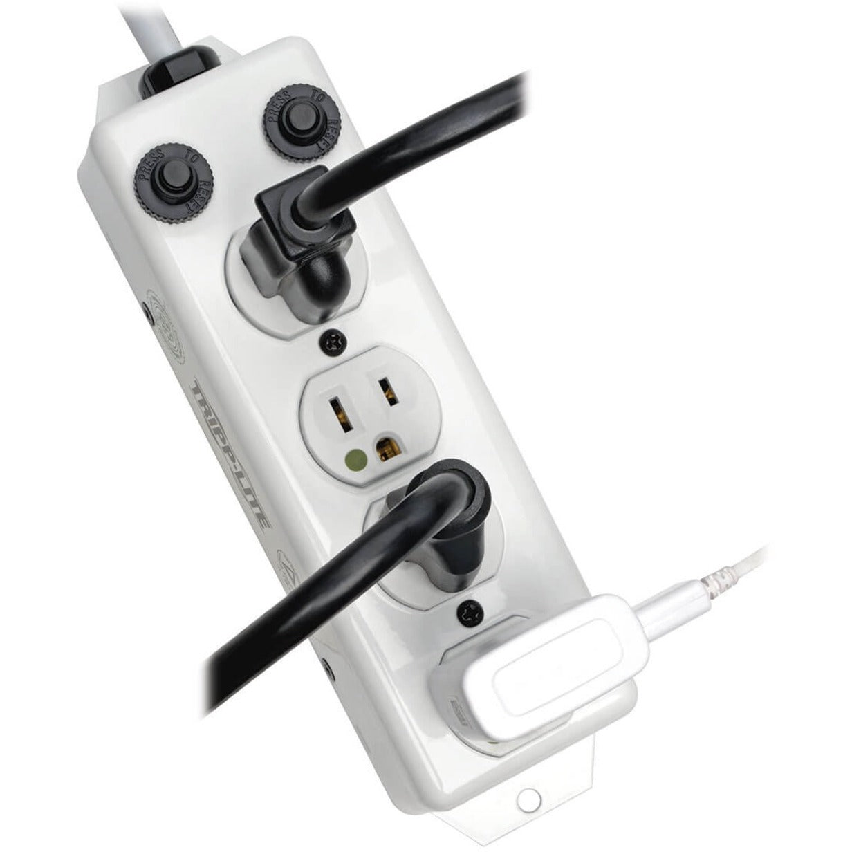 Close-up of power strip showing cord management and safety covers with medical equipment plugs-alternate-image2