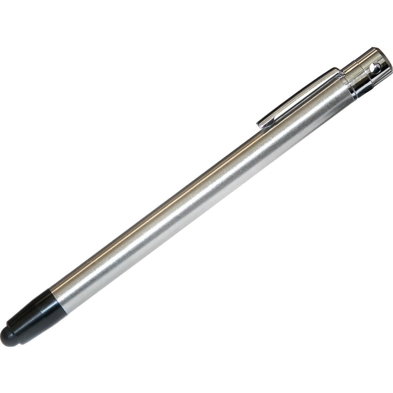 Silver aluminum Elo IntelliTouch stylus pen with black rubber tip and chrome accents