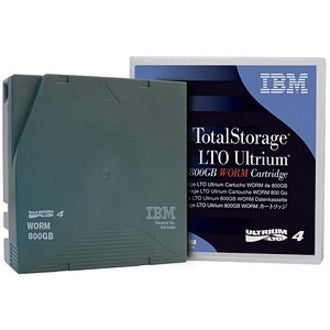 IBM LTO Ultrium 4 WORM tape cartridge showing green cartridge case and retail packaging with IBM TotalStorage branding