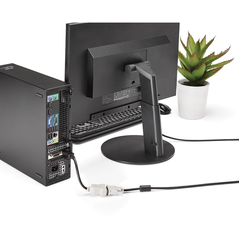 Desktop setup showing DisplayPort to DVI adapter connecting a computer to a monitor