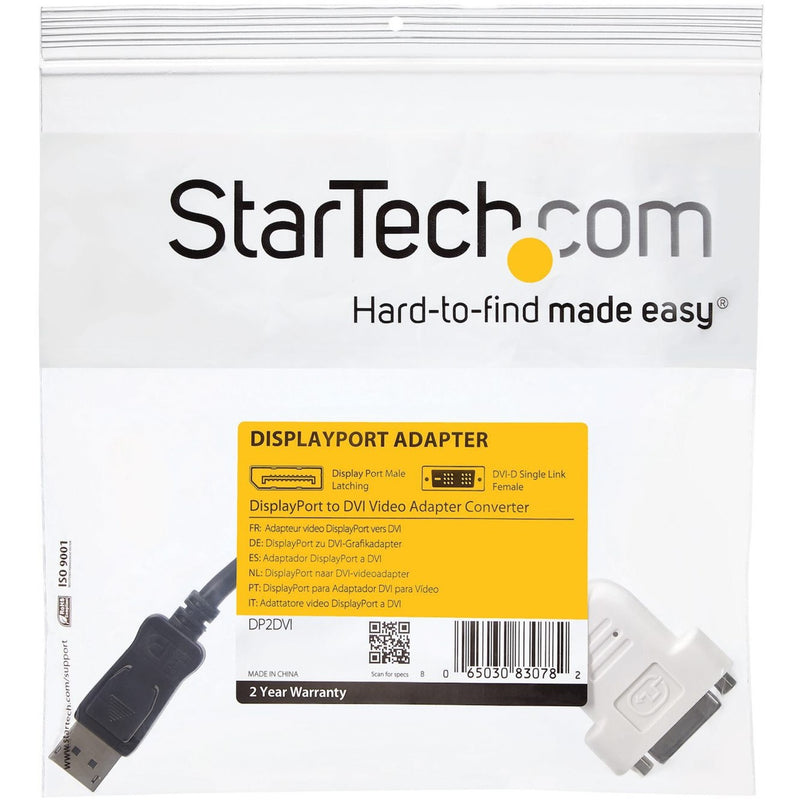 StarTech.com DisplayPort to DVI adapter retail packaging showing product specifications