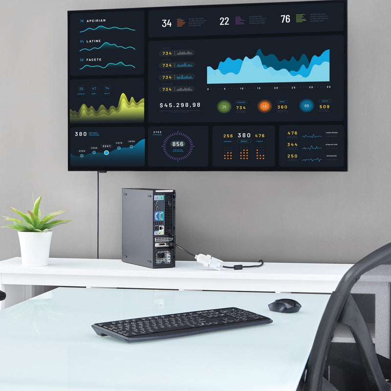 Monitor displaying business analytics dashboard connected via DisplayPort to DVI adapter