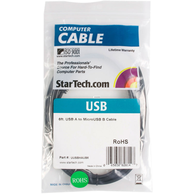 StarTech.com computer cable packaging showing ISO 9001 certification and RoHS compliance