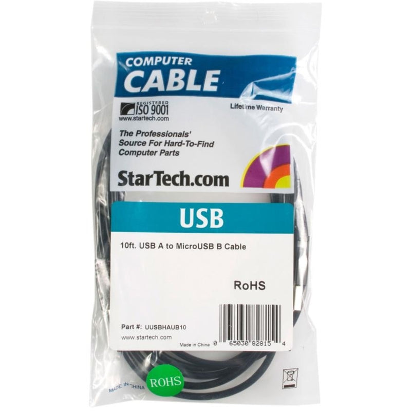 StarTech.com USB cable retail packaging showing ISO 9001 certification and product specifications