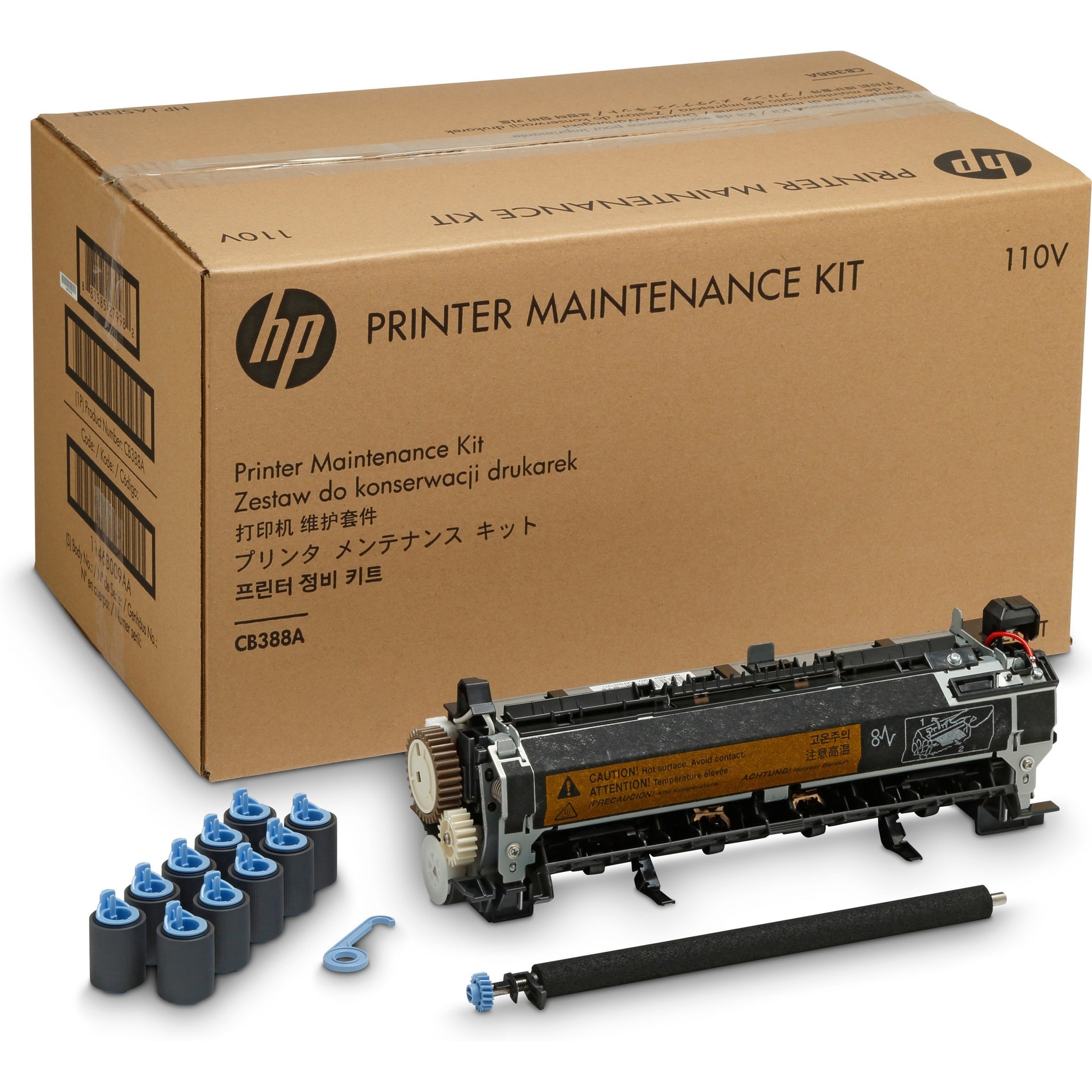 HP CB388A Printer Maintenance Kit displaying fuser assembly, pickup rollers, and transfer roller components with product packaging-alternate-image1